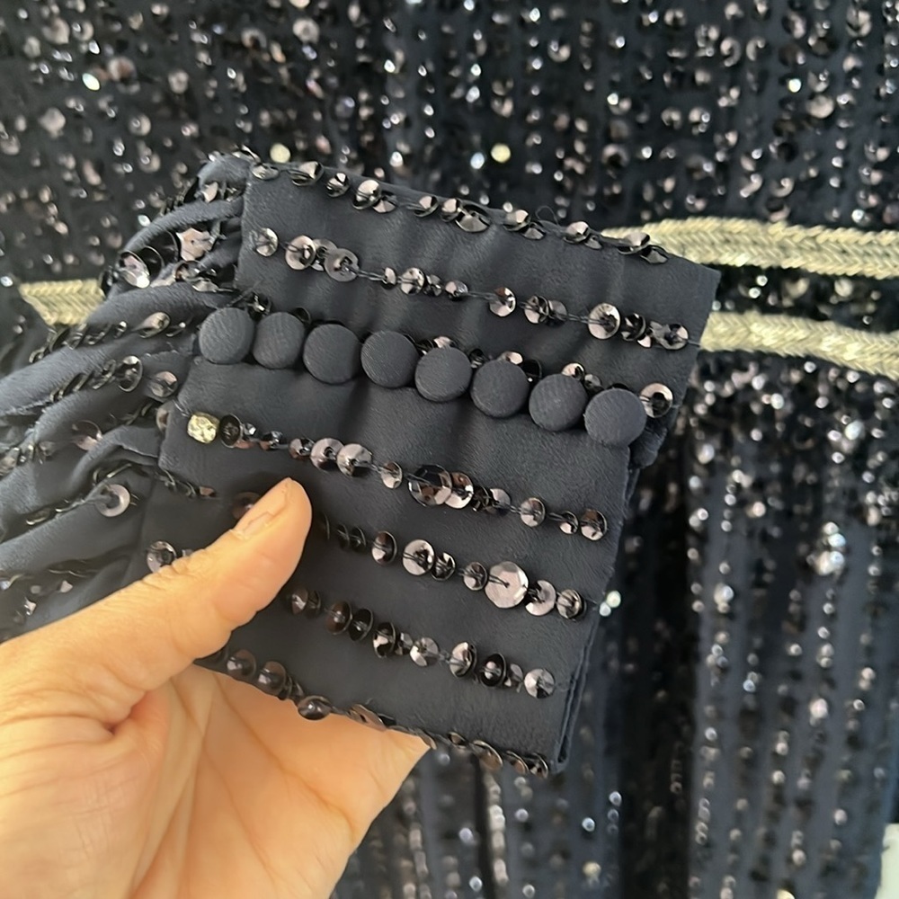 10 Mac Duggal Navy Long Sleeve Sequined Midi Dress 14 V neck Evening Formal - Picture 9 of 12